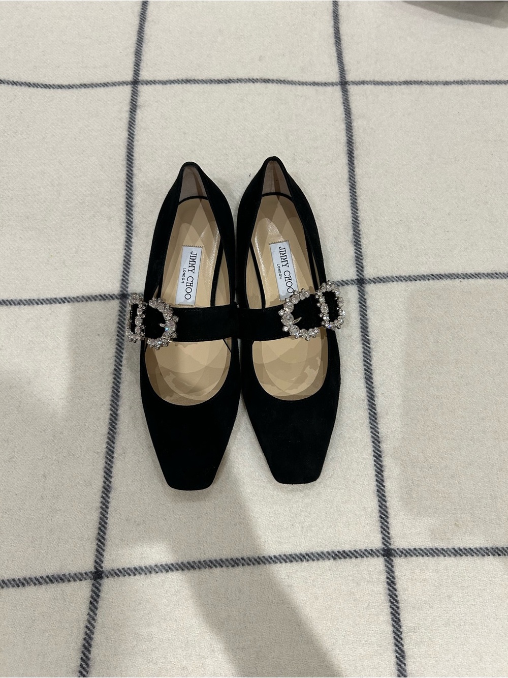 Jimmy Choo Black Suede Mary Jane Flats with Crystal Buckles